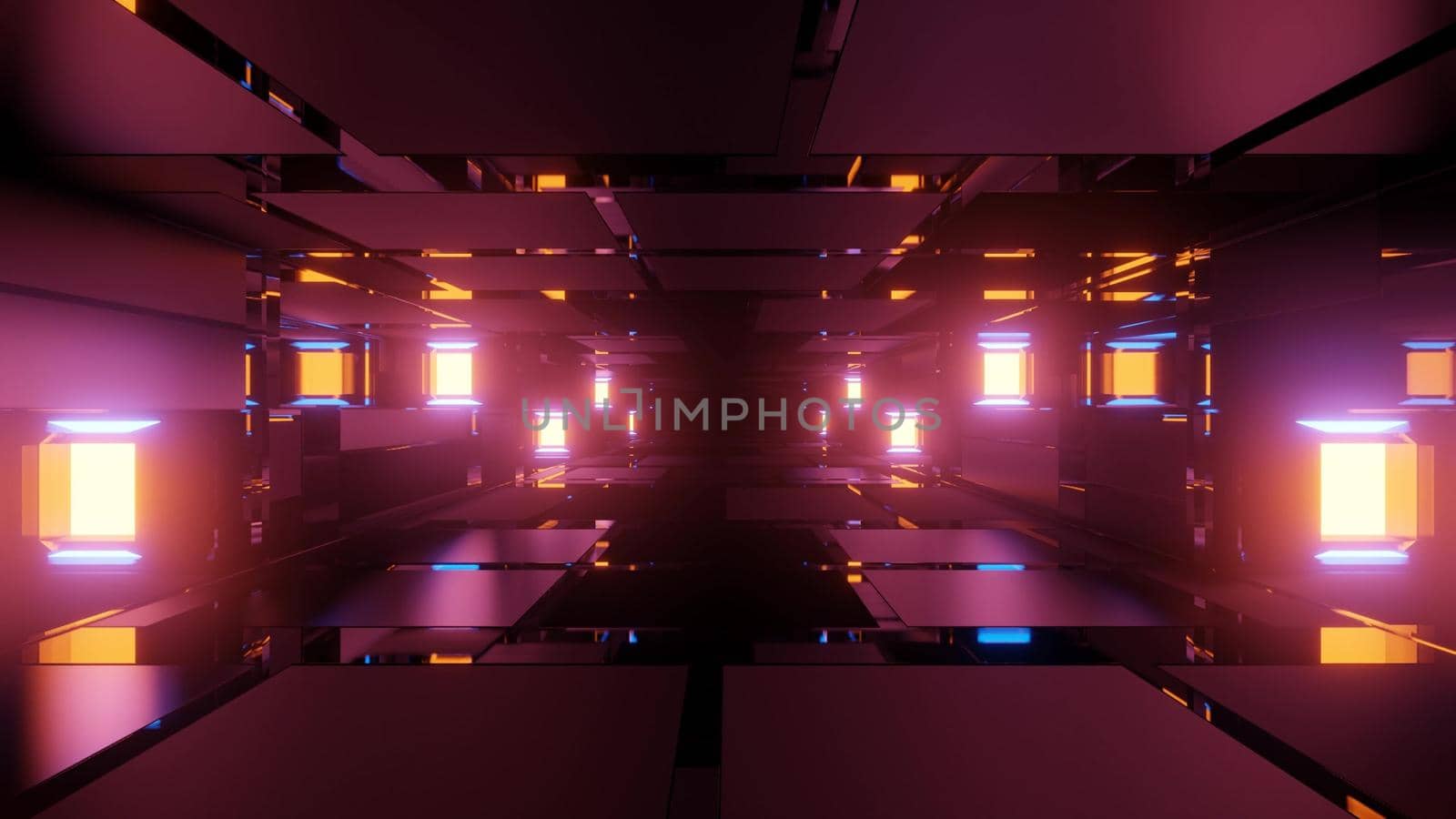 Bright colorful neon lamps illuminating dark hallway of futuristic building with geometric shapes as abstract background design in 3d illustration