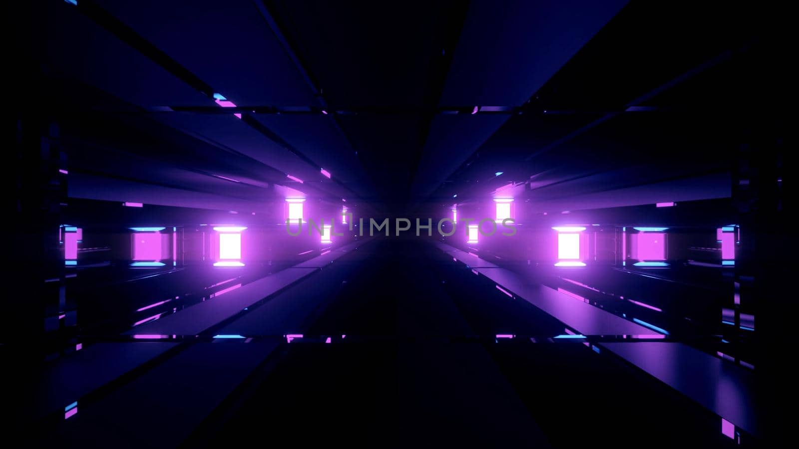Geometrical three dimensional illustration of glowing purple square lights on black background
