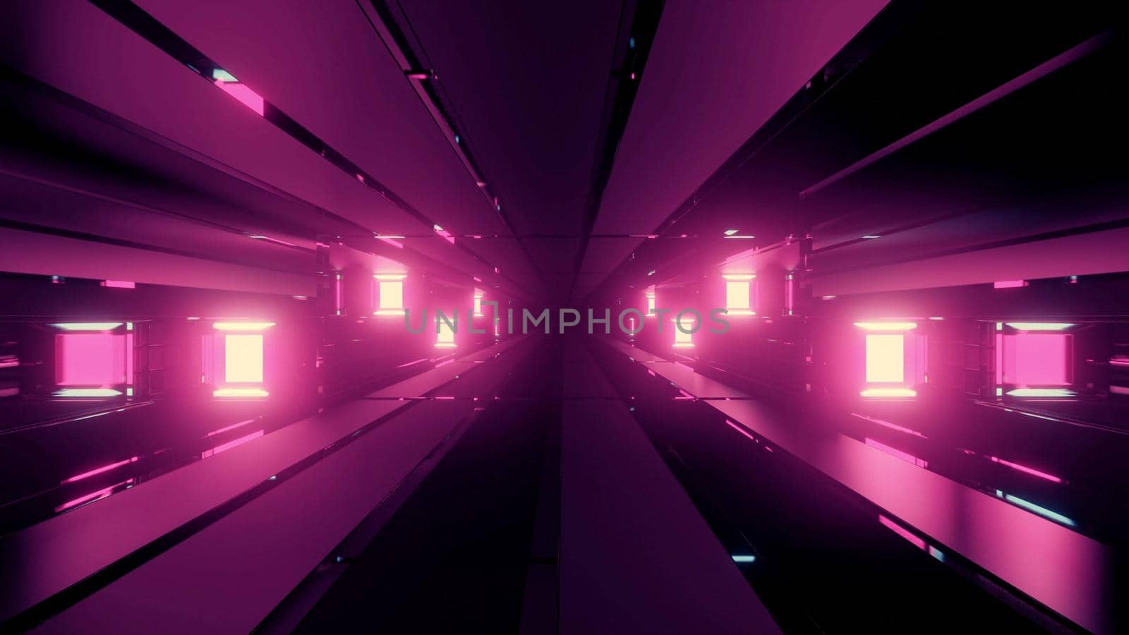 Perspective 3d illustration of purple long blocks and glowing square lines merging on black background