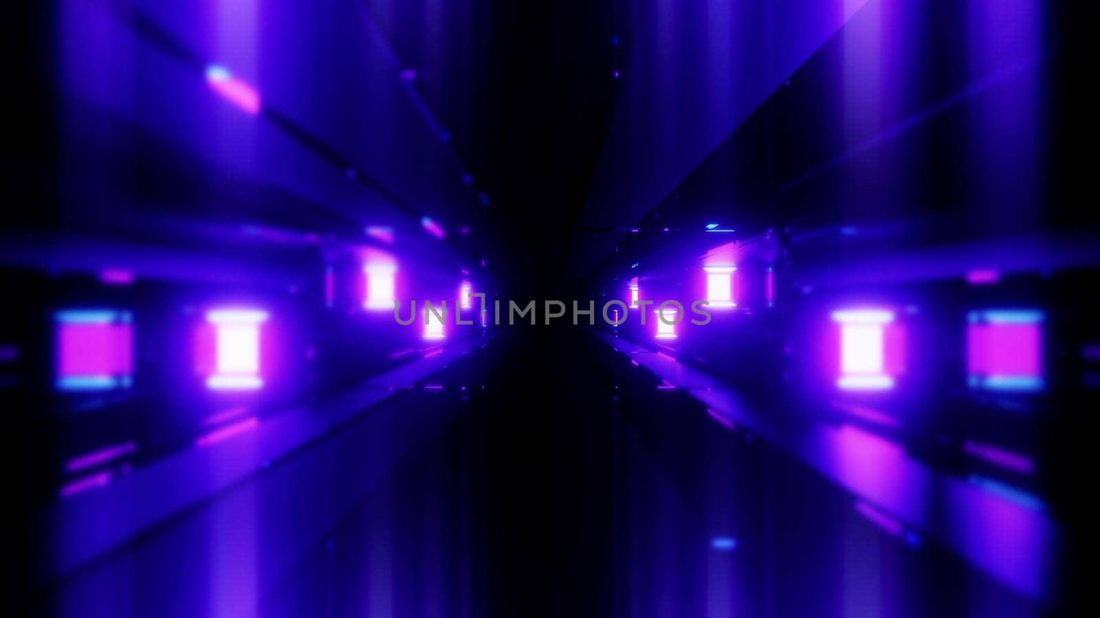 Blurred geometrical 3d illustration of bright purple square lights illuminating on black background
