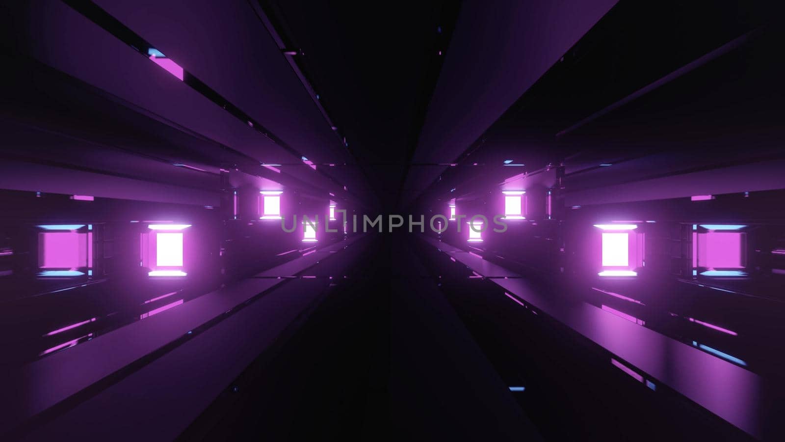 Perspective 3d illustration of dark violet lines and luminous lights forming corridor on black background