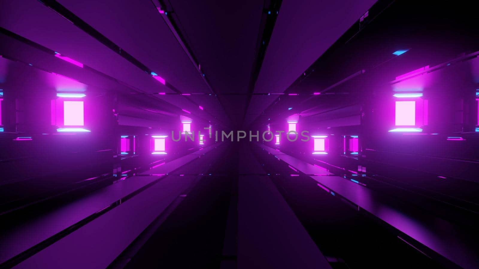 Abstract 3d illustration of dark violet long blocks and purple light forming perspective dynamic tunnel on black background