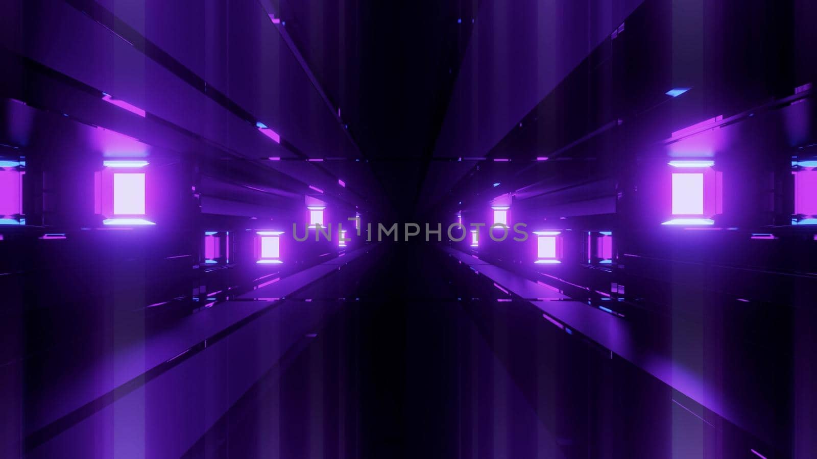 3d illustration of abstract background of dark sci fi endless corridor with purple neon illumination