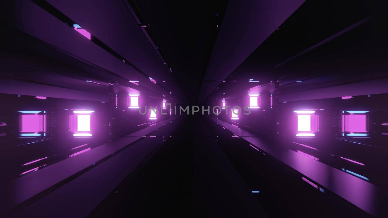 3d illustration of abstract background of dark sci fi tunnel illuminated by purple neon light