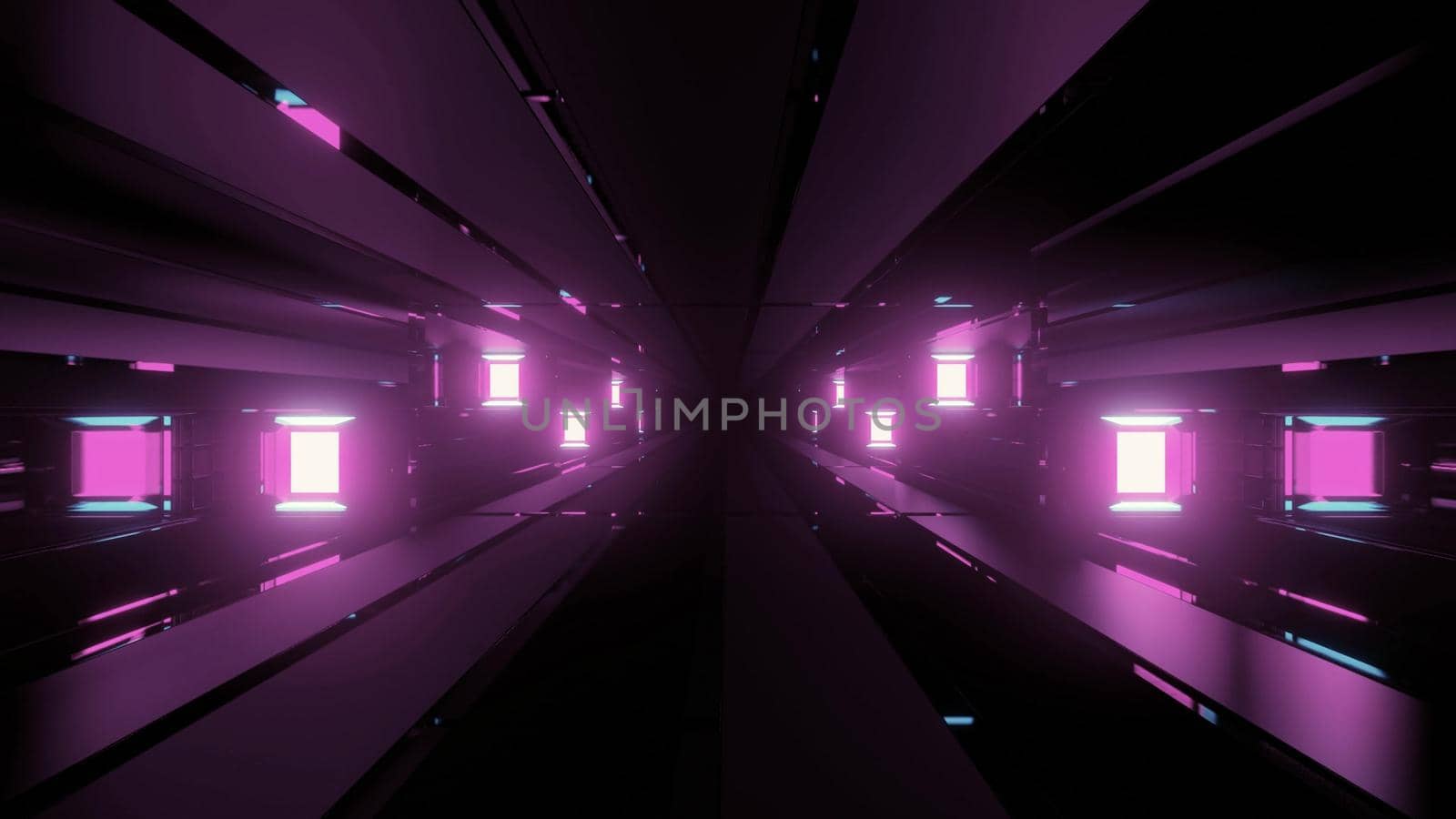 3d illustration of abstract background of three dimensional sci fi tunnel glowing with purple neon light