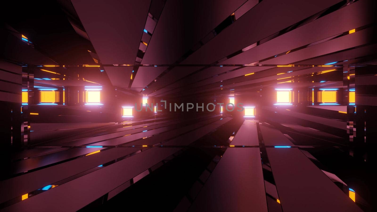 Abstract 3d illustration futuristic background design with luminous neon lamps illuminating dark tunnel with mirrored walls and geometric shapes