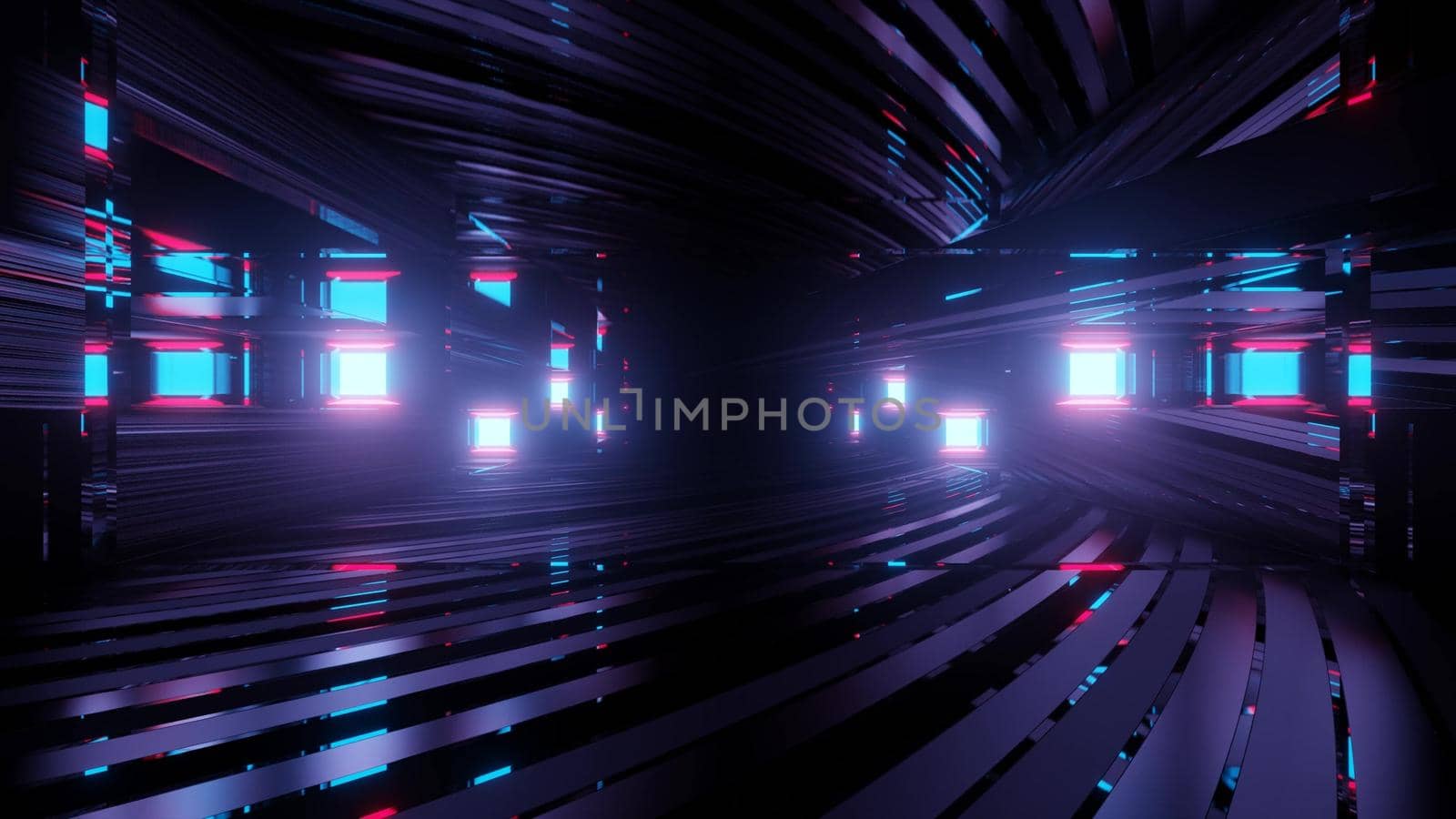 Abstract futuristic background 3d illustration with effect of motion inside dark tunnel with mirrored surface reflecting blue and red neon lights