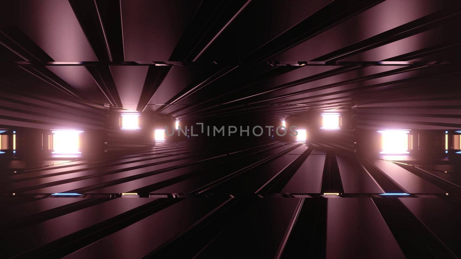 3d illustration of abstract background of dark tunnel with geometric shapes glowing with neon light
