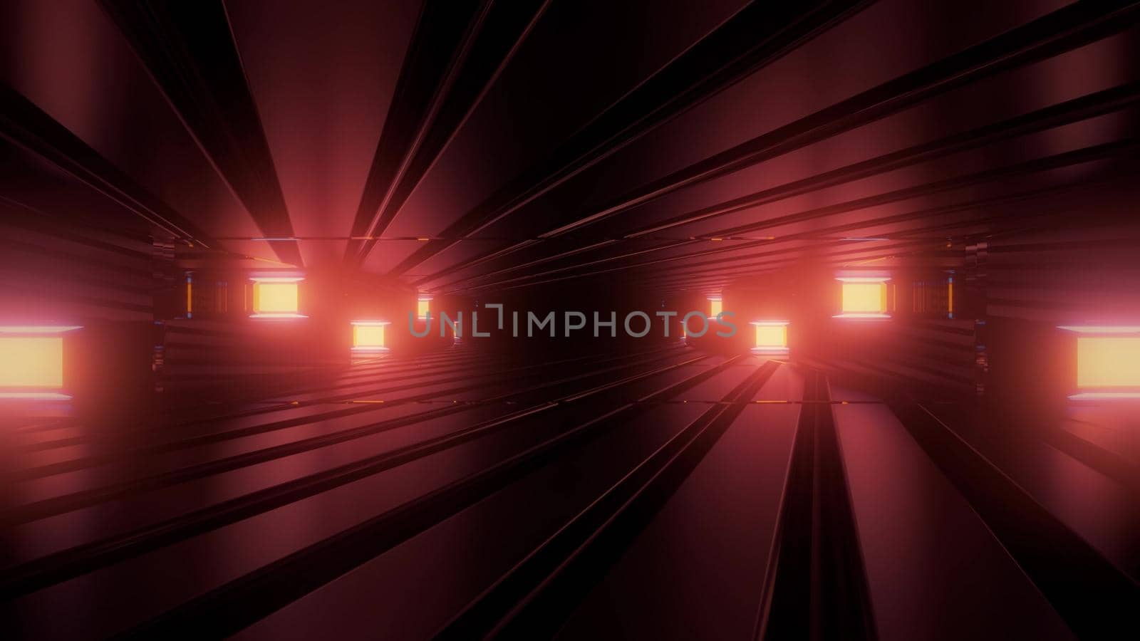 3d illustration of abstract background of sci fi tunnel with bricks illuminated by red neon light
