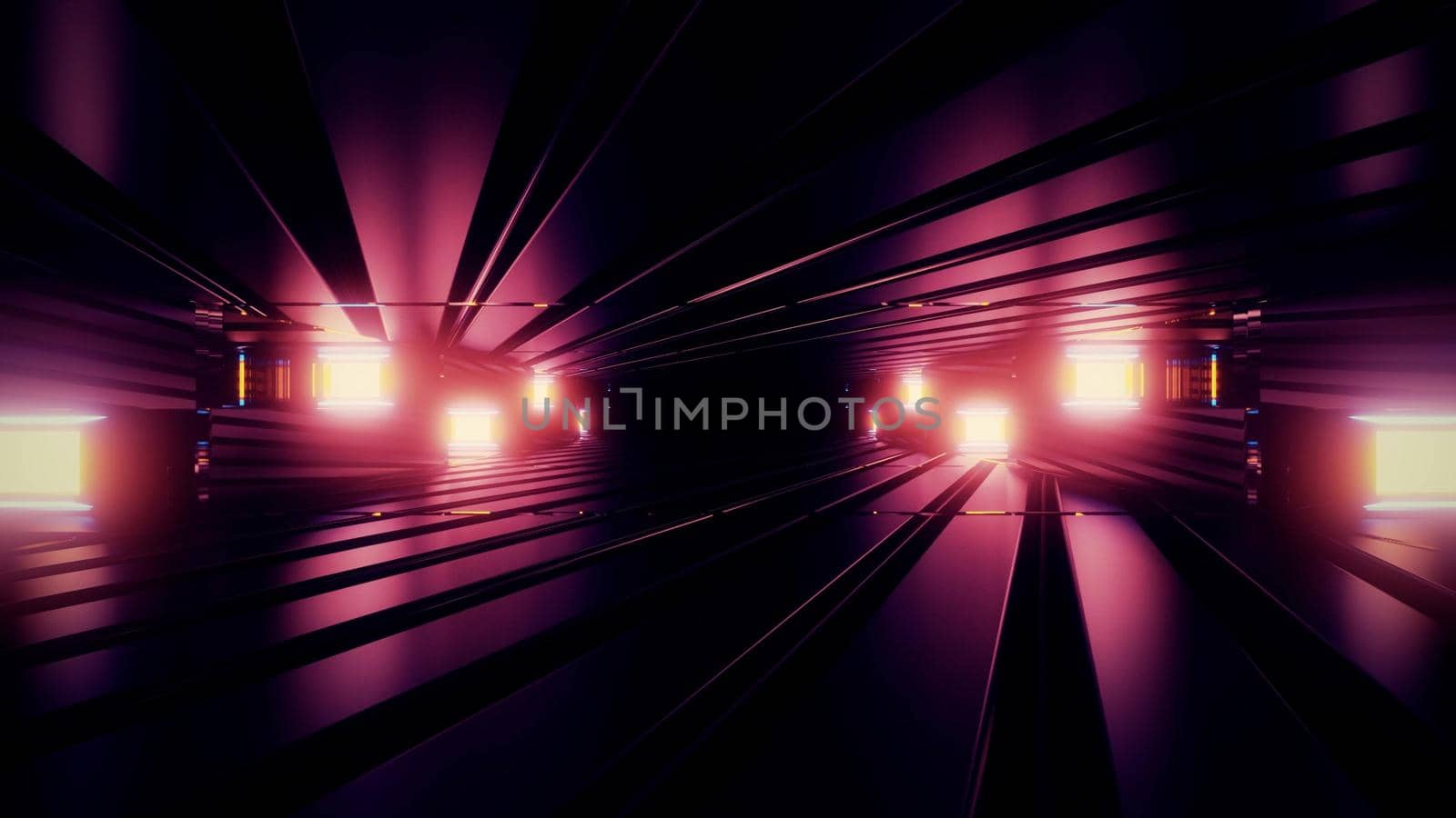 3d illustration of abstract background of dark futuristic tunnel with geometric bricks with neon illumination