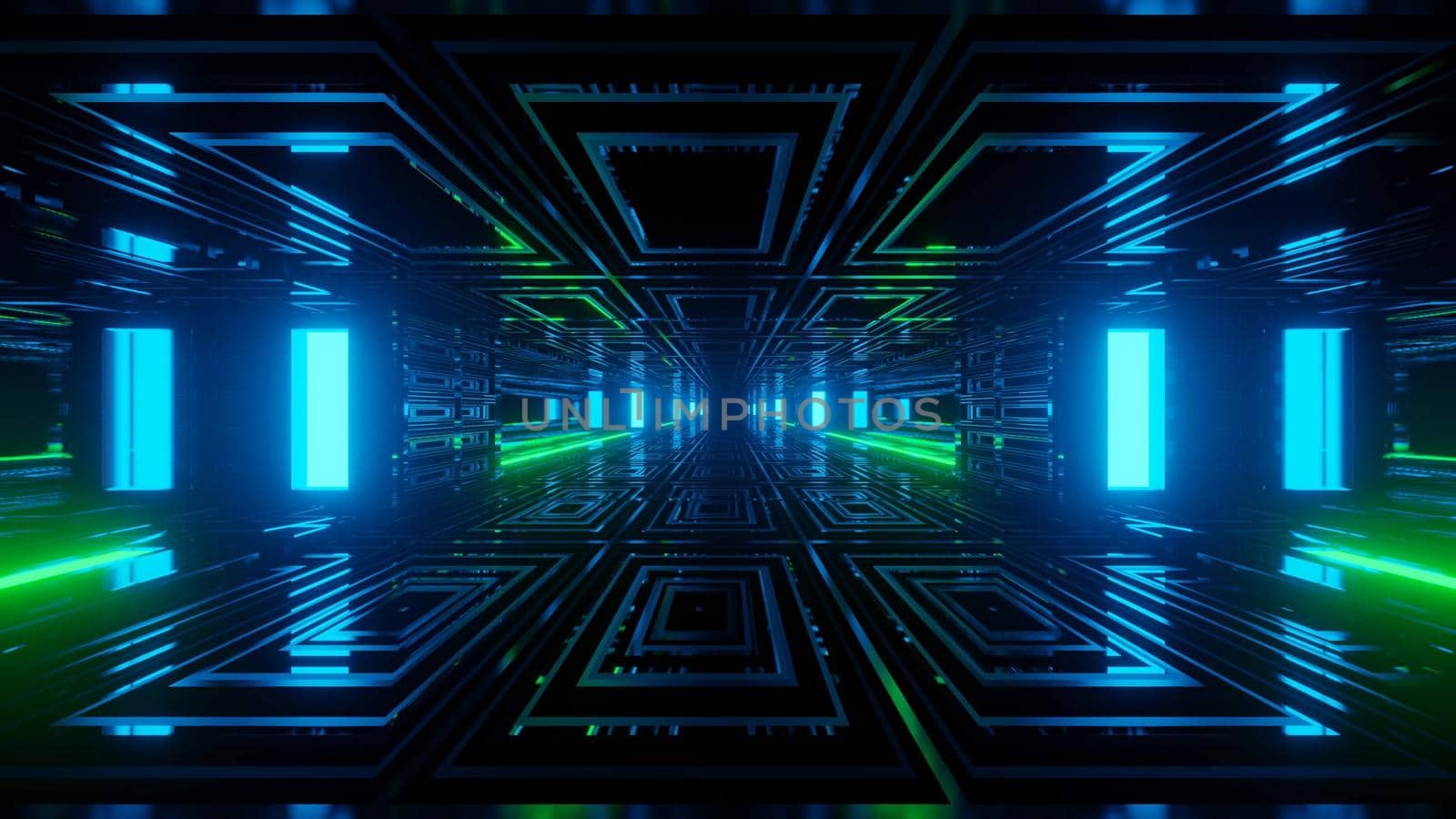 Glowing symmetrical 3d illustration of repeating square cells and blue and green lights on panels forming abstract perspective tunnel