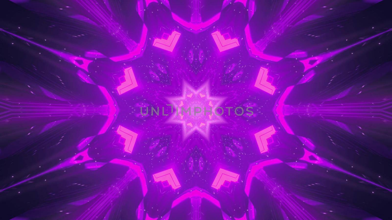 Symmetric 3D illustration of abstract kaleidoscopic ornament shimmering with vivid neon light in darkness