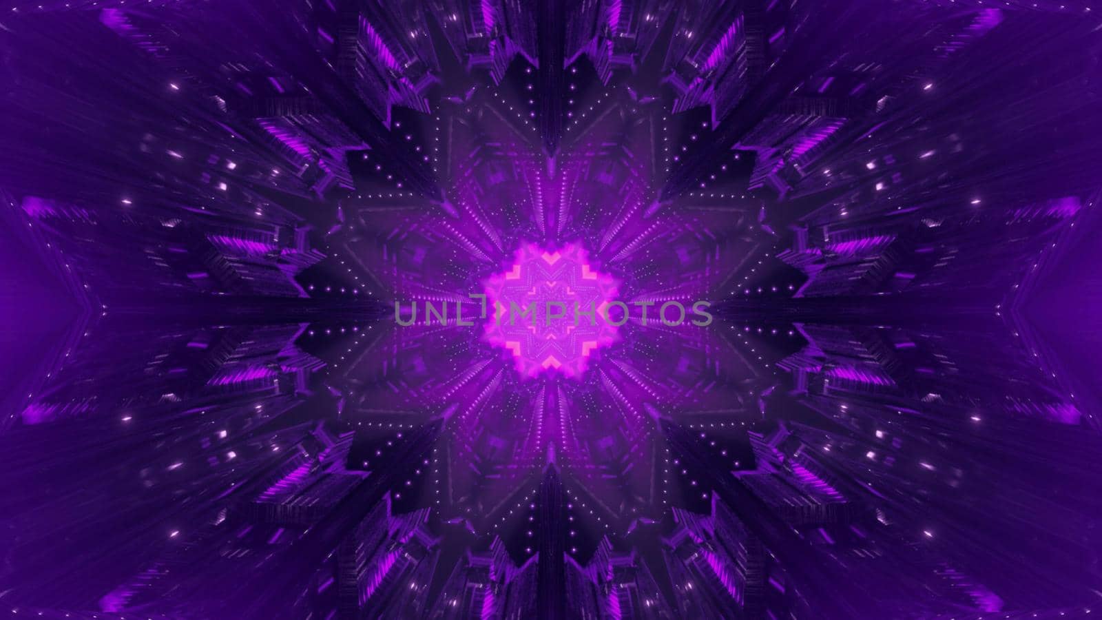 Abstract background 3d illustration of fantastic round space tunnel with glowing neon geometric flower shaped ornament in center and sparkles in darkness