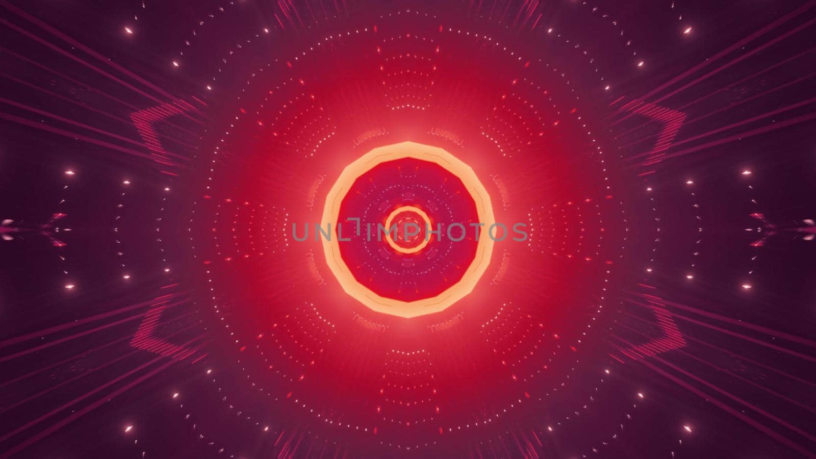 Abstract futuristic background 3d illustration with shiny red and yellow illumination inside of round shaped tunnel with light reflections
