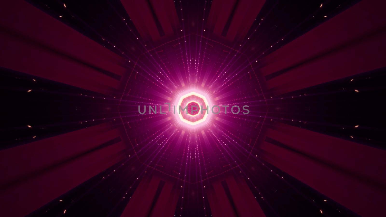 3D illustration of symmetric octagon ornament and rays glowing with vivid neon light