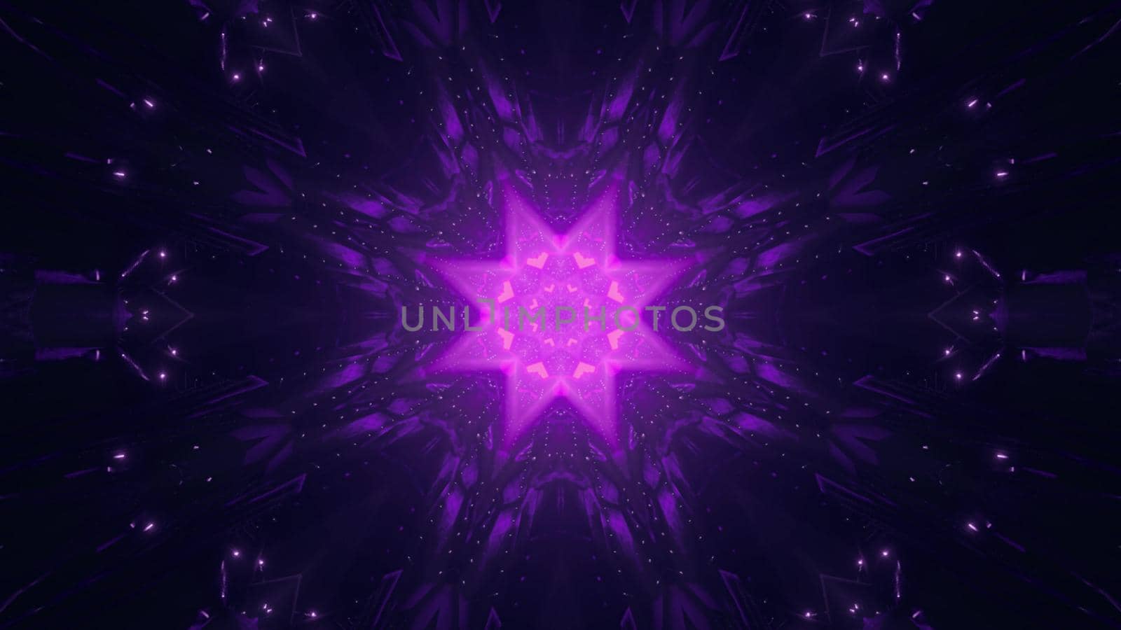 Symmetric 3D illustration of vivid star shaped ornament shining with neon violet light