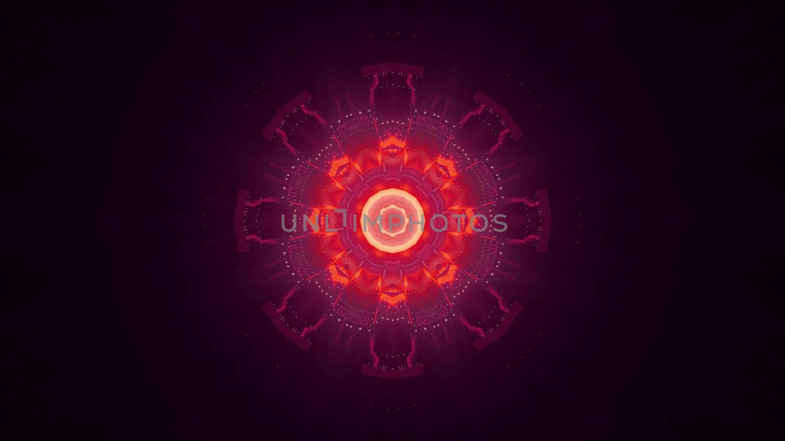 3d illustration of abstract background of ornamental tunnel in shape of circle glowing with red and pink neon lights