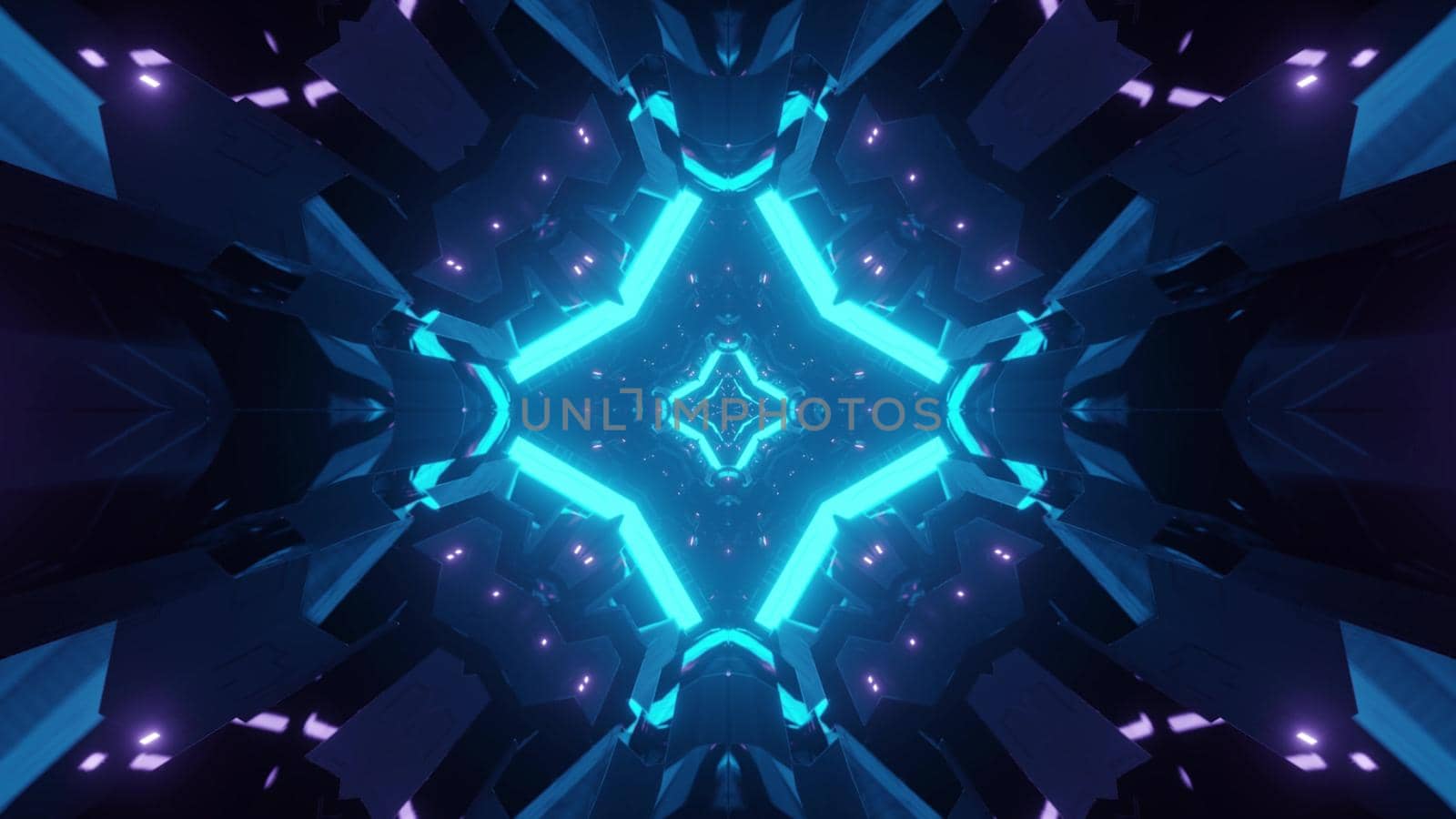 3d illustration of abstract background of glowing sci fi tunnel in geometric shape illuminated by blue light