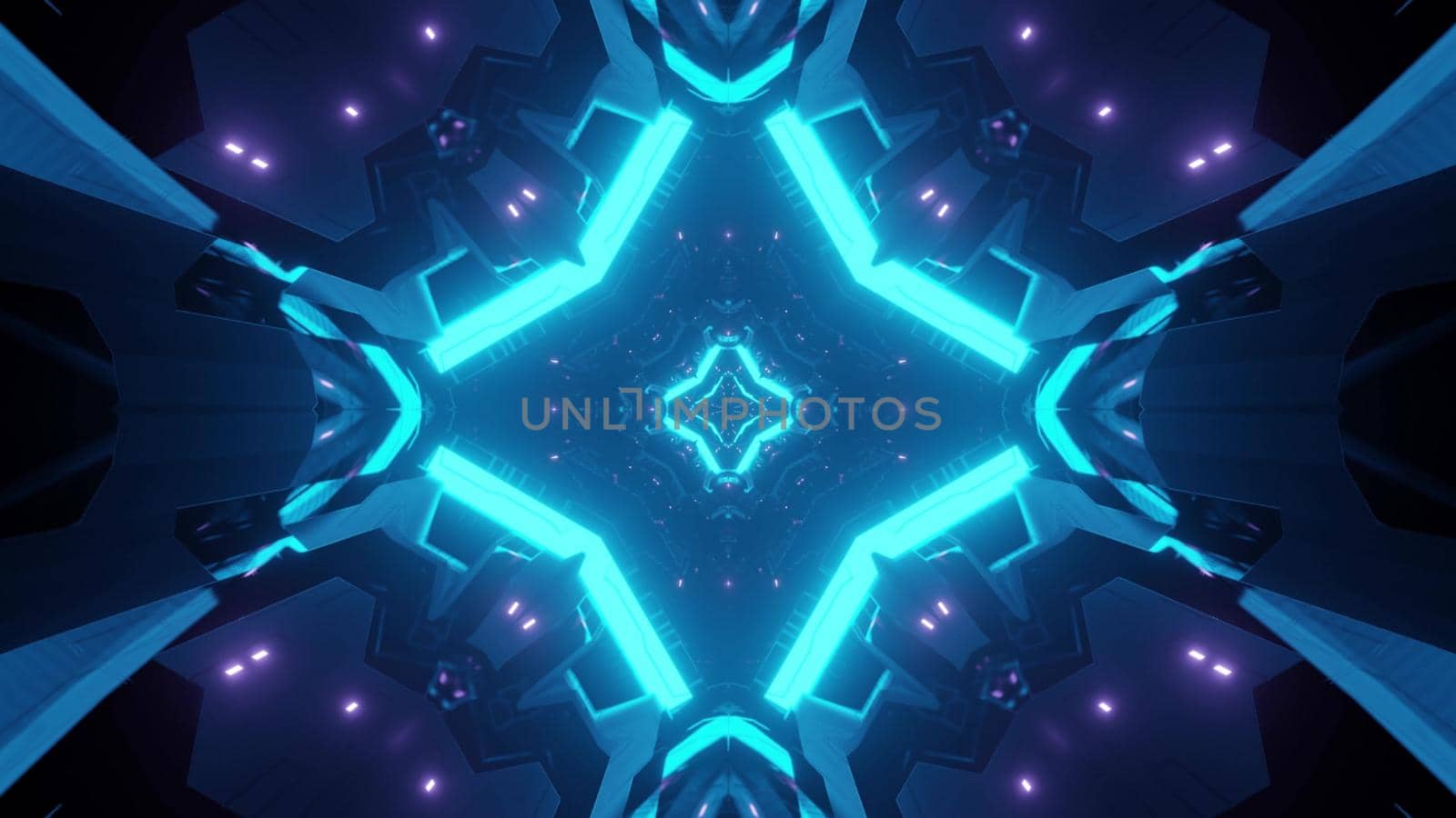 3d illustration of abstract background of blue futuristic tunnel with bright glowing neon light
