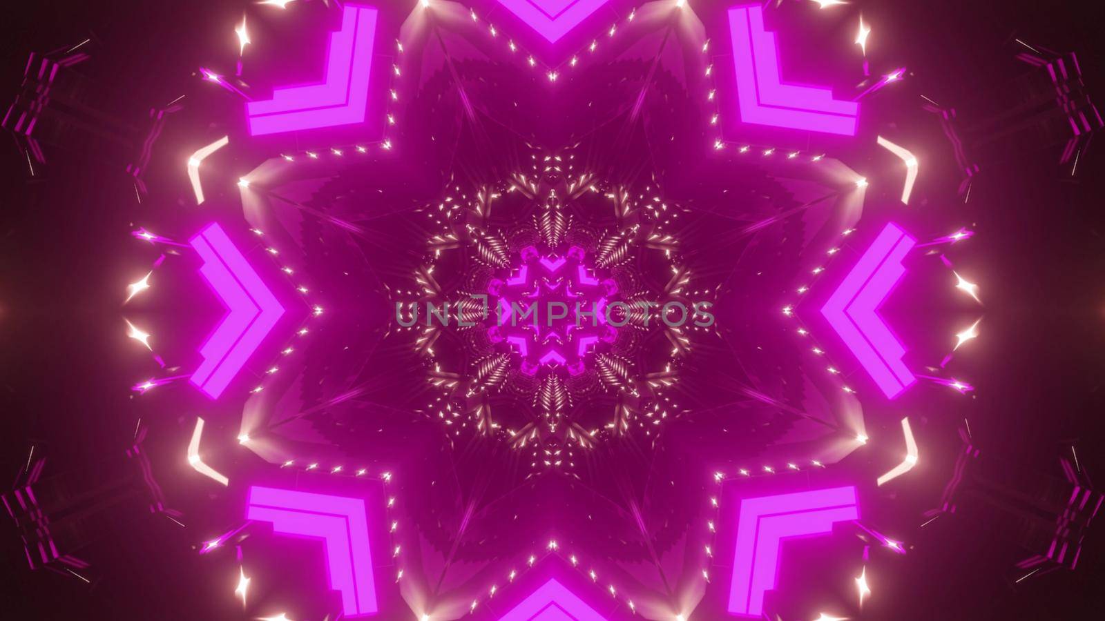 3d illustration of abstract background of kaleidoscopic pink corridor glowing with vibrant neon light