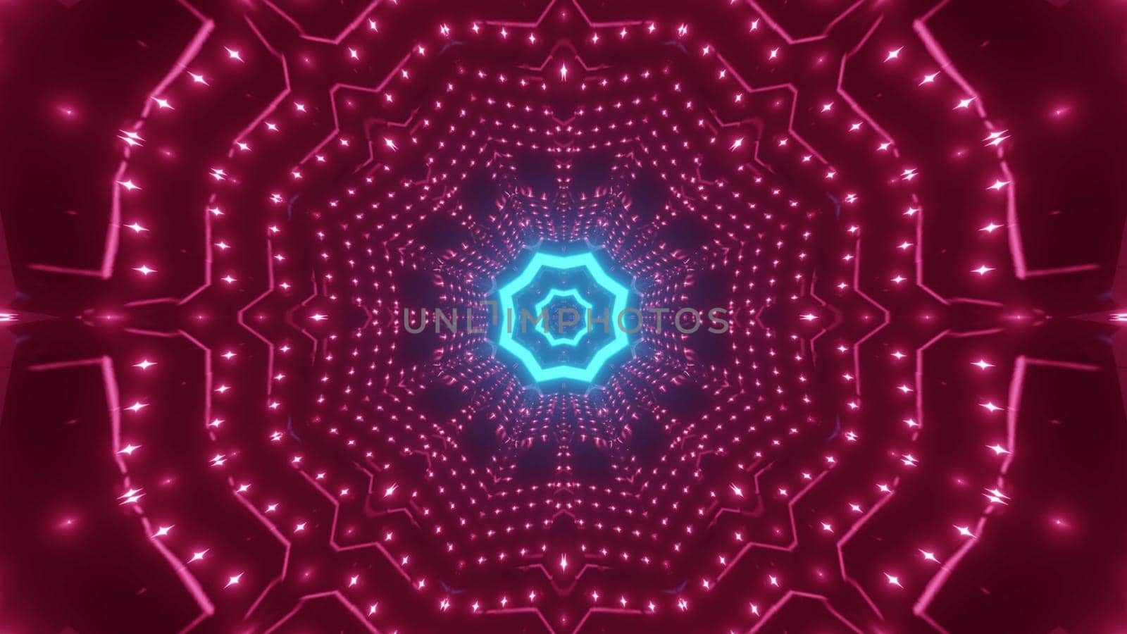 3d illustration of abstract background of symmetric geometric corridor with pink and blue neon lights