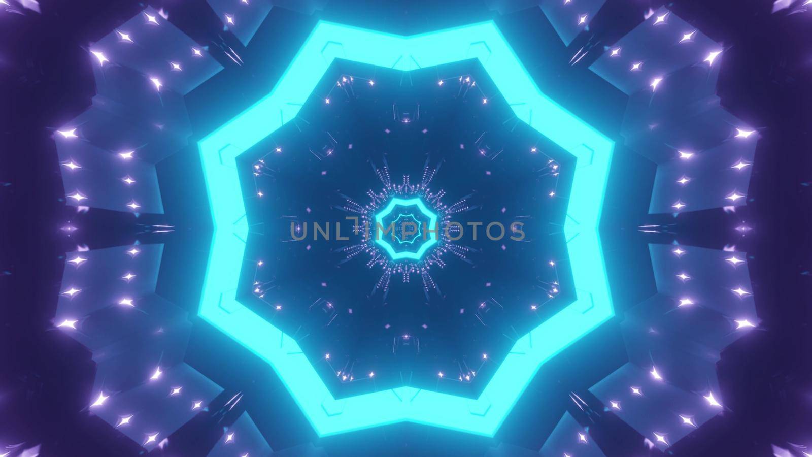 3d illustration of abstract background of kaleidoscopic endless tunnel with glowing blue neon light