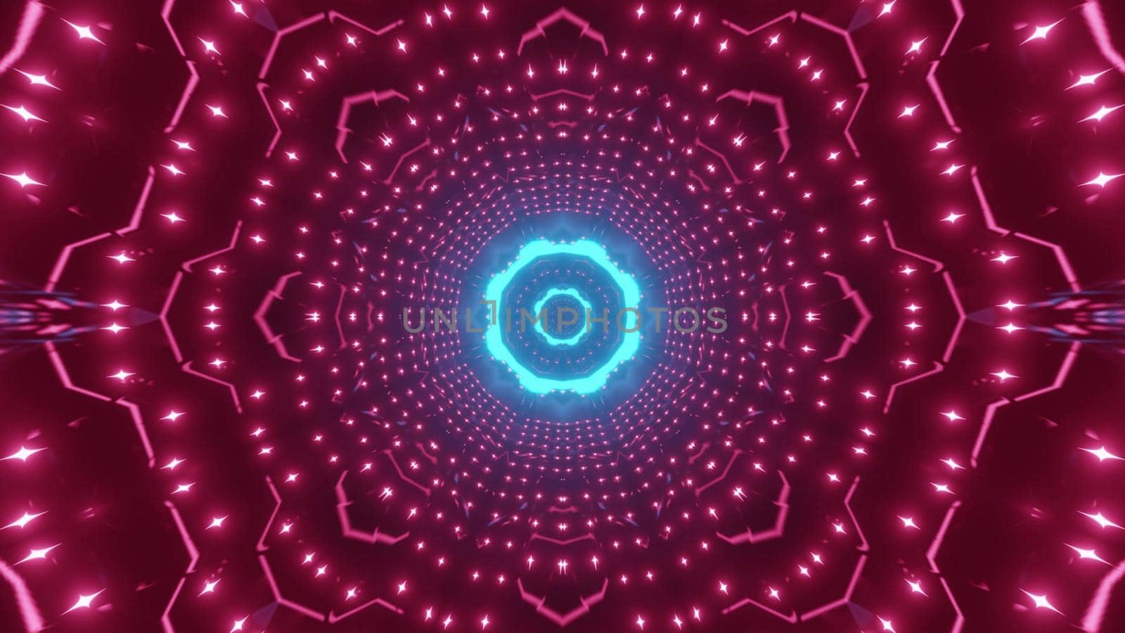 3d illustration of abstract background of ornamental round shaped tunnel with pink and blue neon illumination