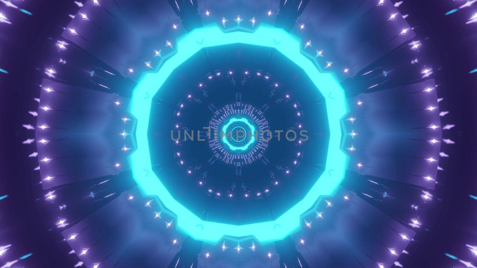 3d illustration of abstract background of futuristic corridor in shape of circle illuminated by blue neon light