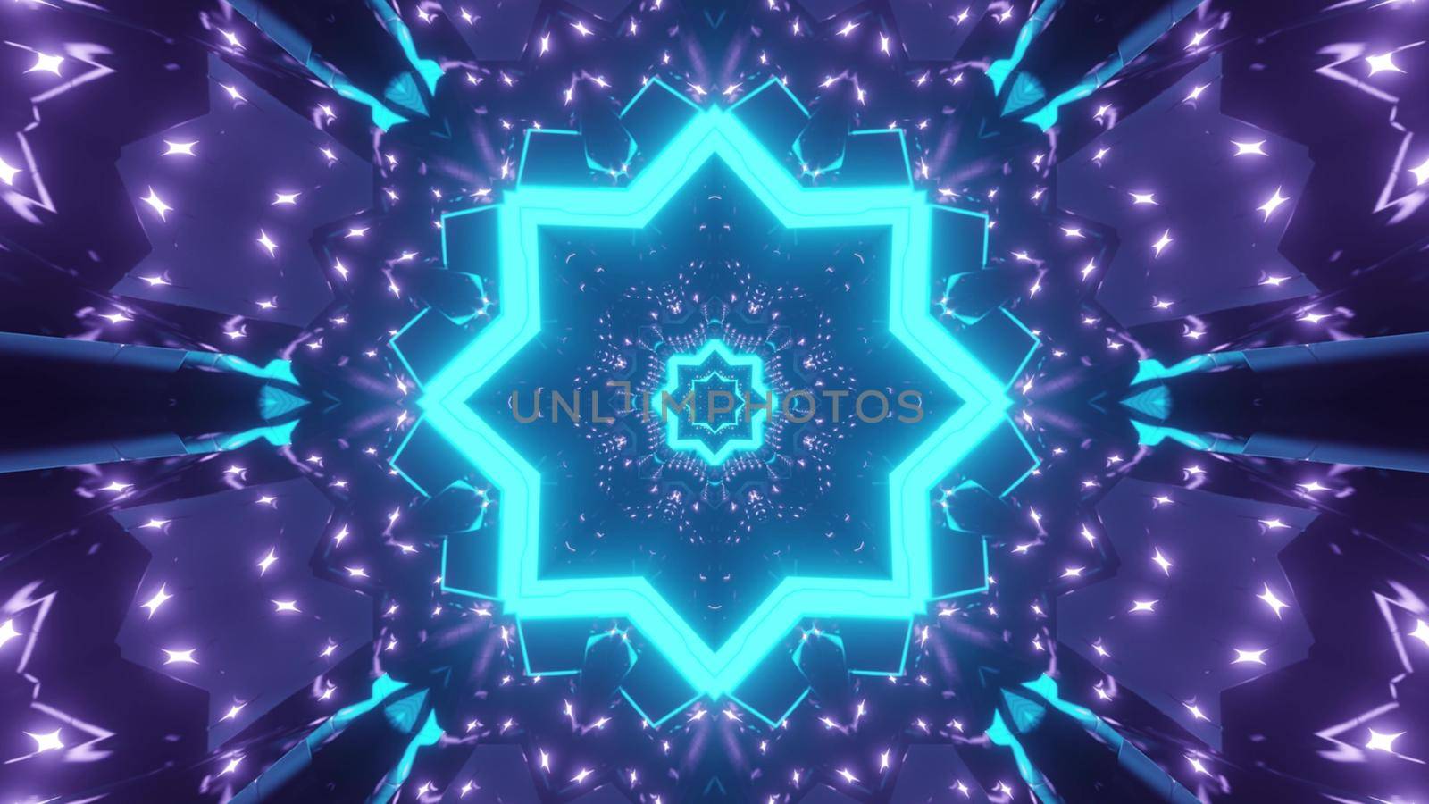 3d illustration of abstract background of kaleidoscopic endless corridor with geometric shapes glowing with blue and purple neon colors