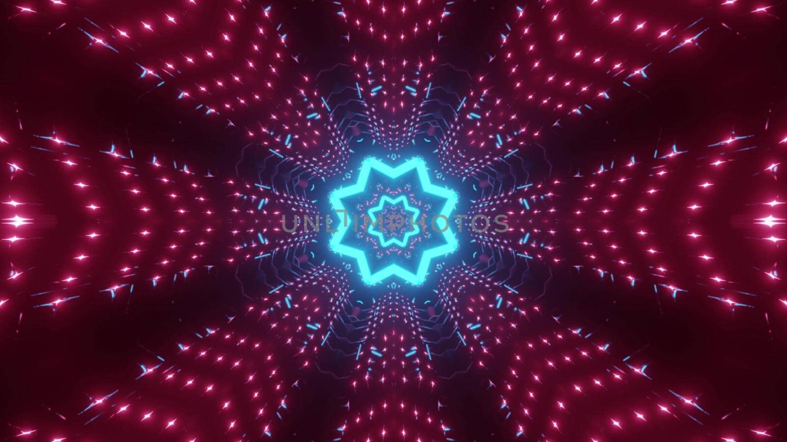 3d illustration of abstract background of endless star shaped tunnel illuminated by bright blue and pink lights