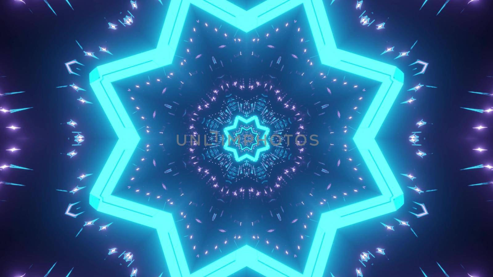 3d illustration of abstract background of kaleidoscopic endless tunnel with blue and purple neon lights