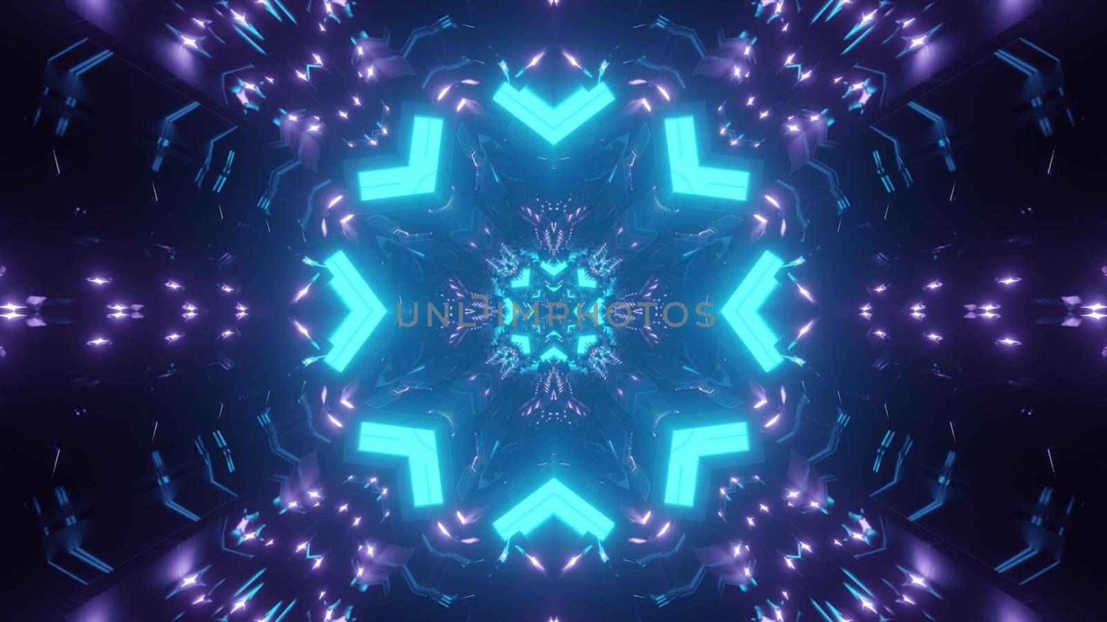 Abstract 3d illustration of kaleidoscope pattern with blue and purple neon geometric ornament forming round shaped tunnel for futuristic background design