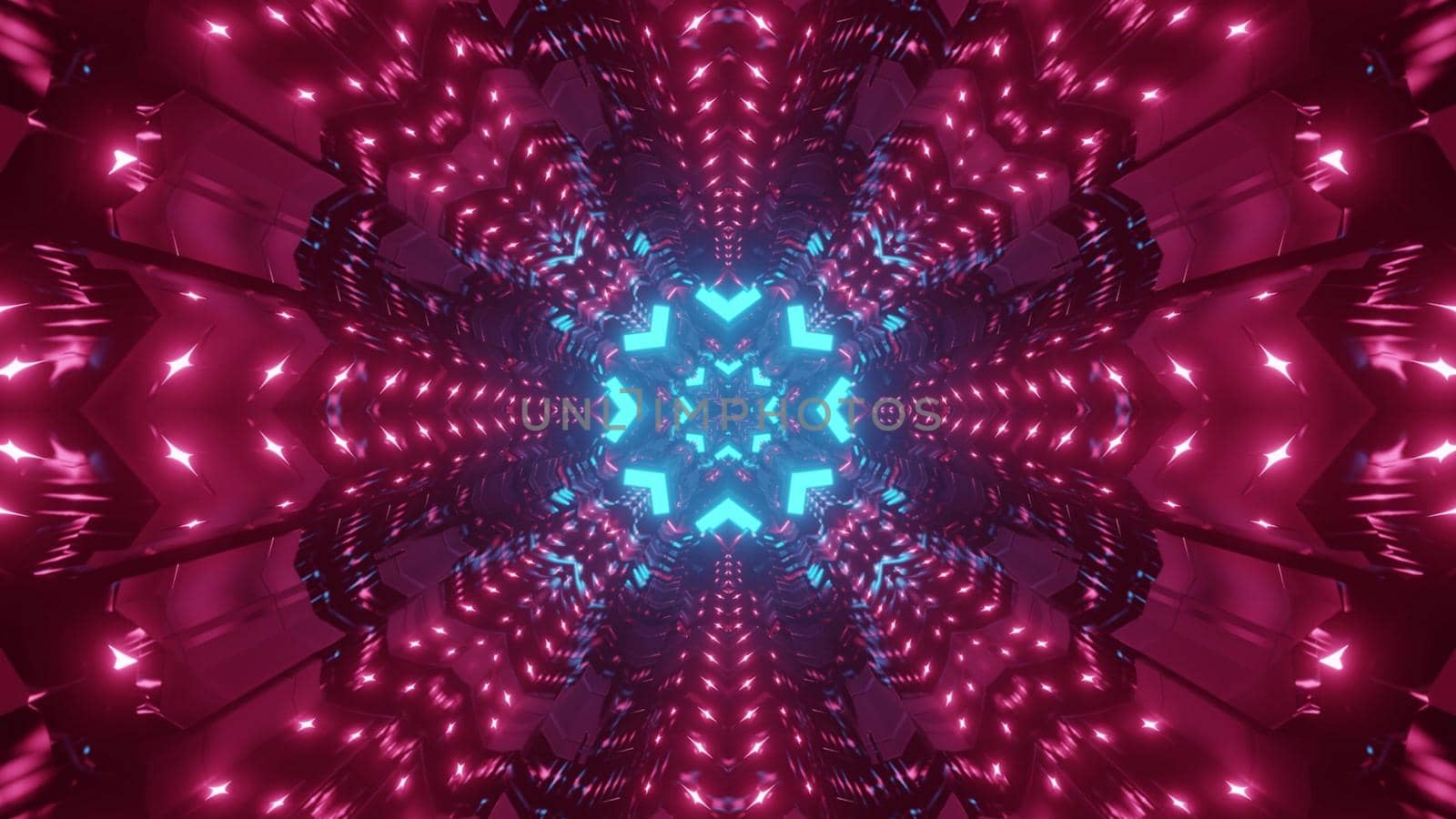 Colorful 3d illustration abstract sci fi background of endless tunnel with geometric flower shaped holes in red and blue neon lights