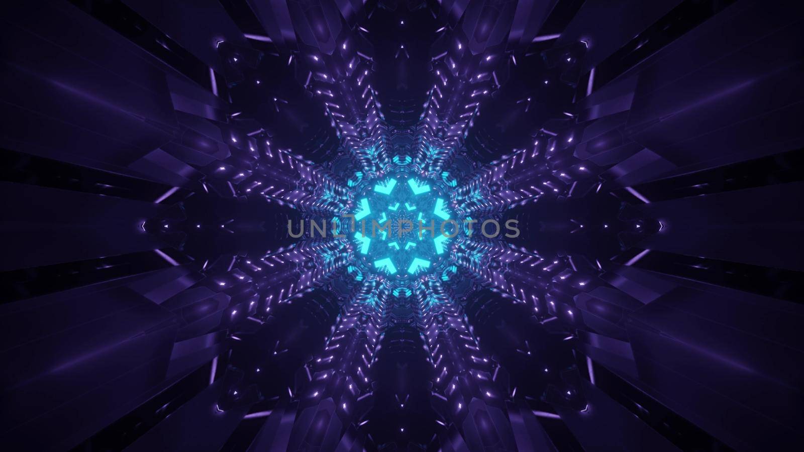 Bright 3d illustration abstract futuristic background with glowing blue neon circle and purple beams in darkness creating illusion of fantastic tunnel