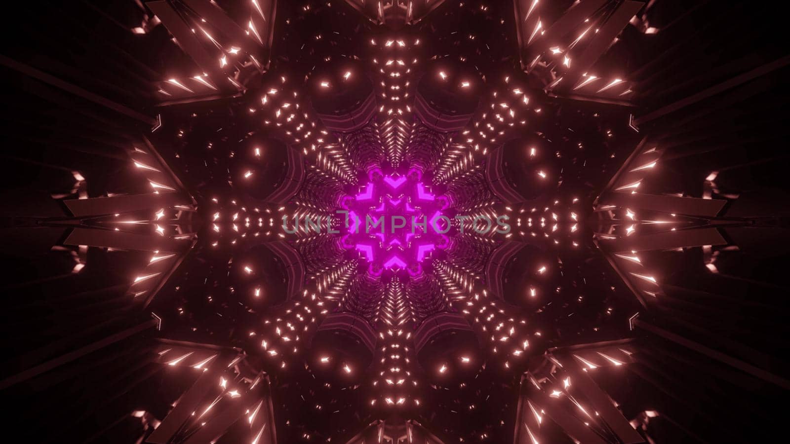 Abstract futuristic geometric background with glowing kaleidoscope ornament forming tunnel perspective illusion in colorful neon lights 3d illustration