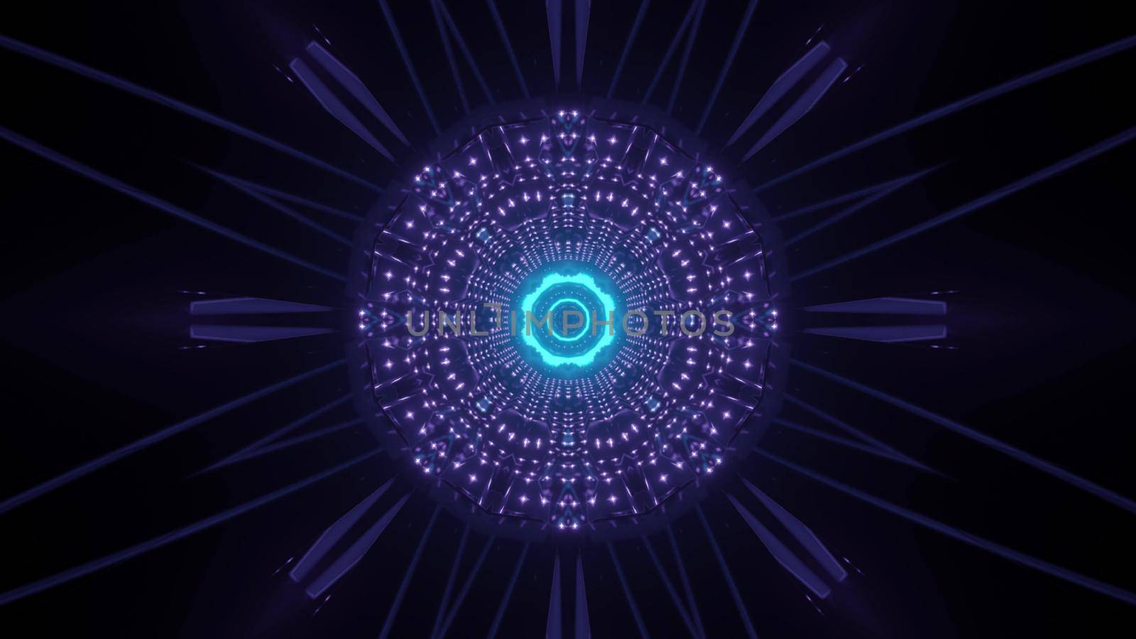 Glowing round shaped blue and purple neon pattern with light reflections in darkness abstract background 3d illustration
