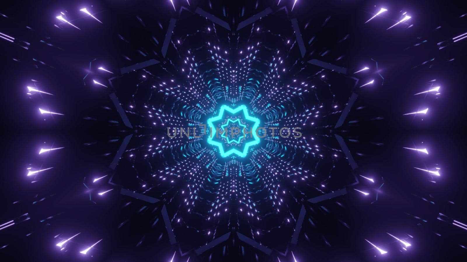 Abstract visual background 3d illustration with shiny blue neon star in center and symmetrical purple lights blinking in darkness