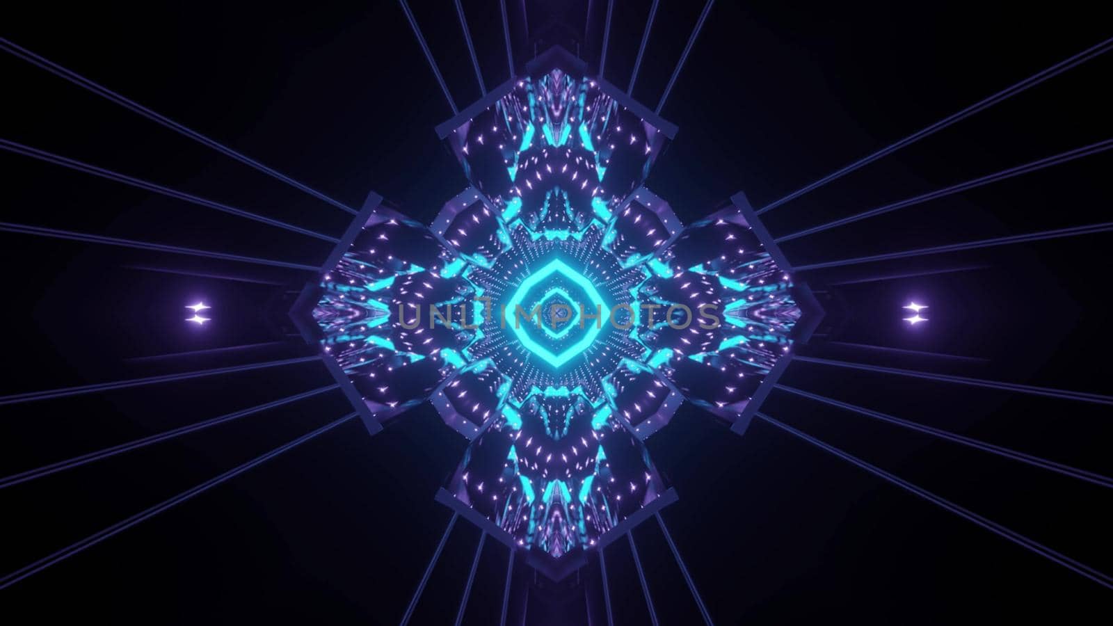 Abstract visual background 3d illustration of fantastic sci fi dark tunnel with cross shaped blue neon illumination and light reflections