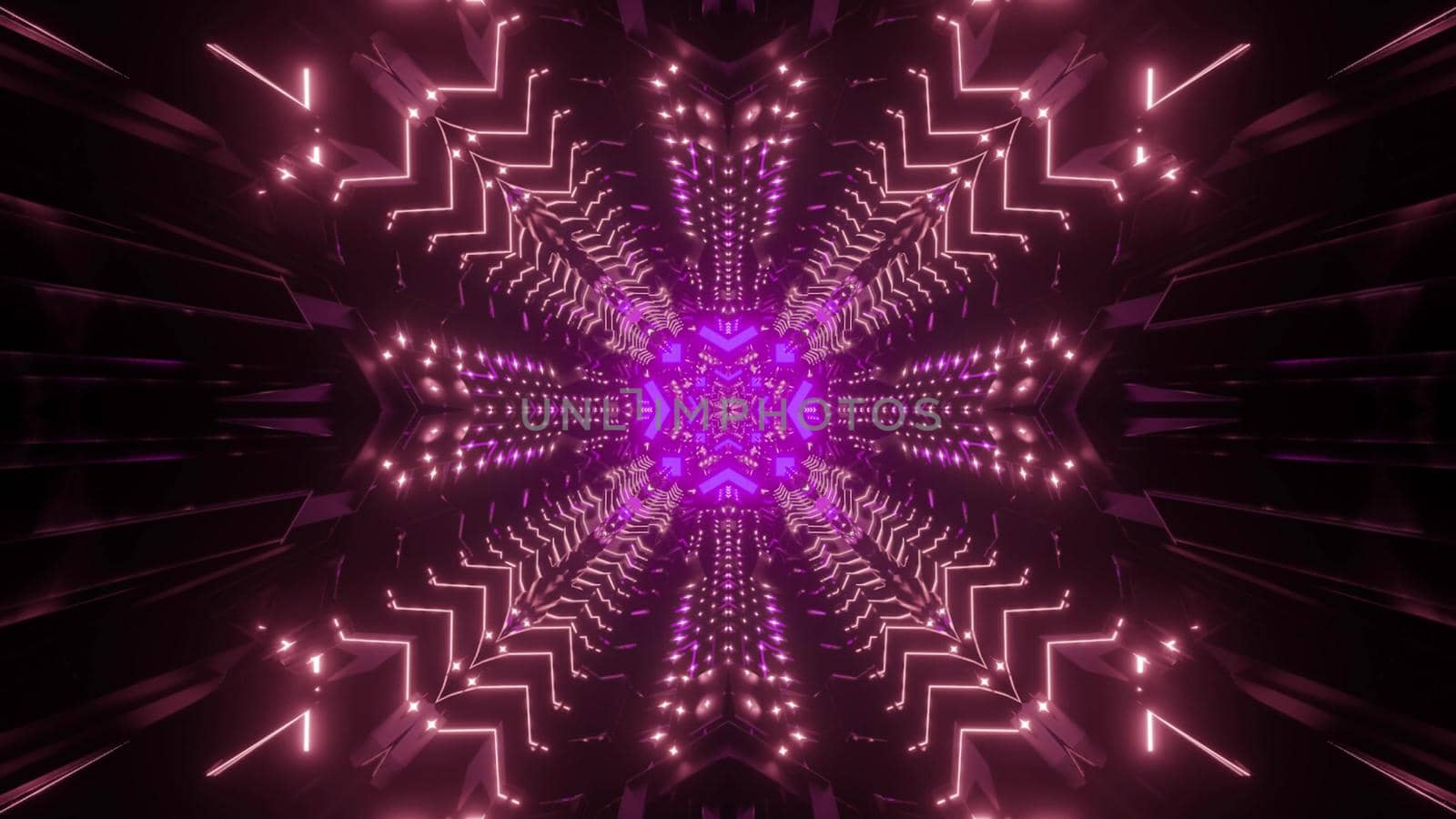 Abstract visual background 3d illustration inside of corridor of futuristic sci fi building with symmetric geometric design and colorful neon lights reflections
