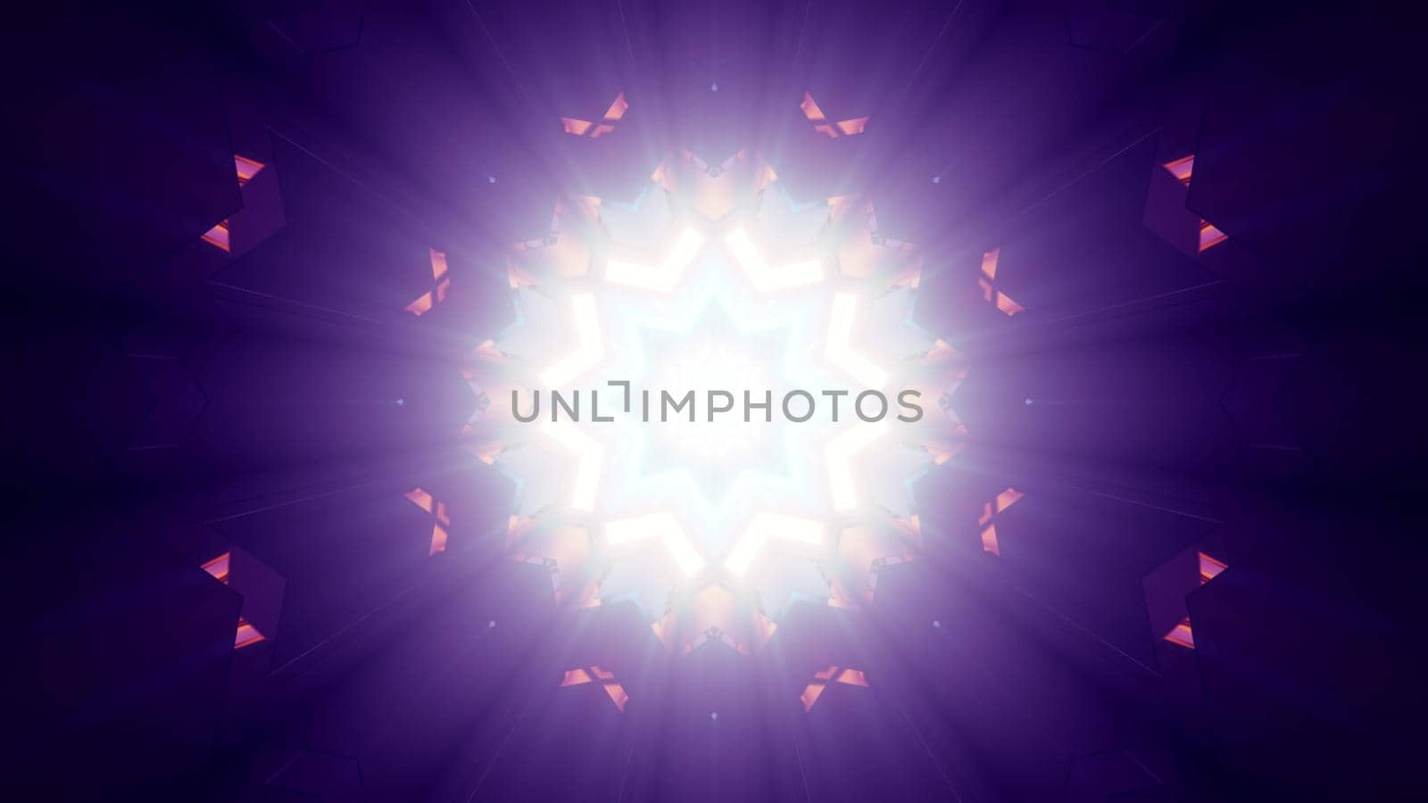 3d illustration of abstract background of bright tunnel in shape of star with glowing neon lights