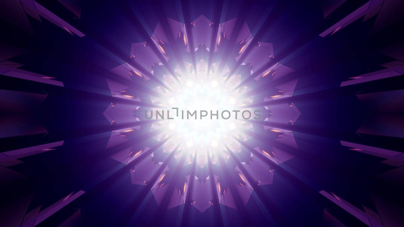 3d illustration of abstract background of geometric corridor in shape of star illuminated by blue and purple neon lights
