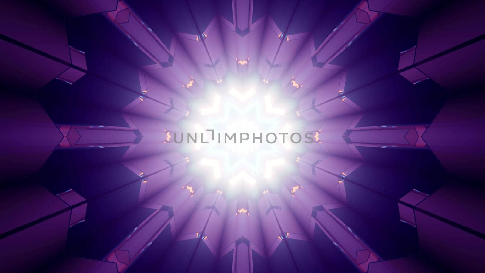 3d illustration of abstract background of star shaped tunnel glowing with bright neon illumination