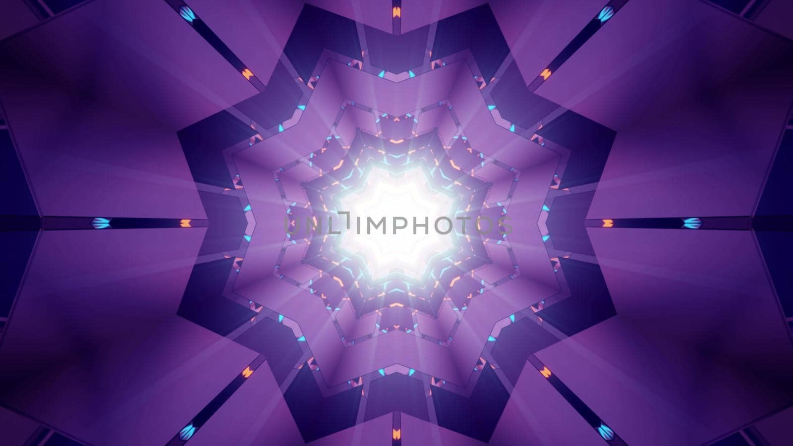 3d illustration of abstract background of three dimensional star shaped tunnel with vivid neon illumination