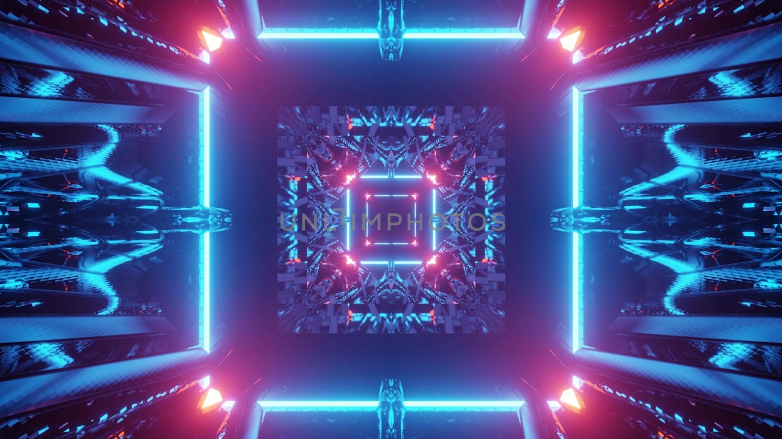 Abstract 3D illustration of square shaped passage illuminated by glowing blue and pink lights