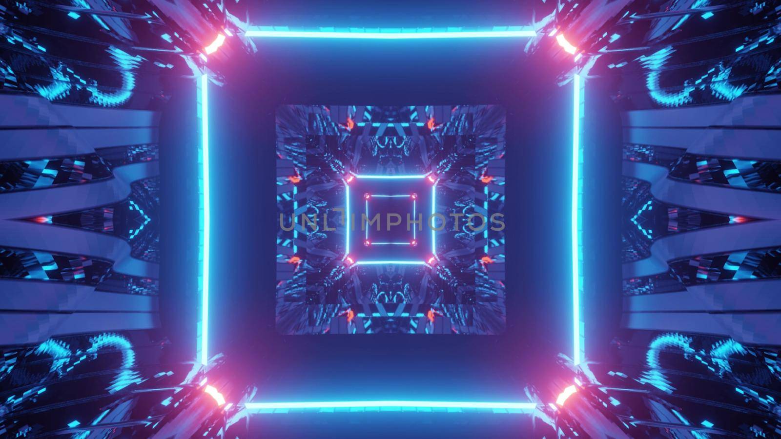 Creative design of abstract 3D illustration representing square shaped passage in colorful lights