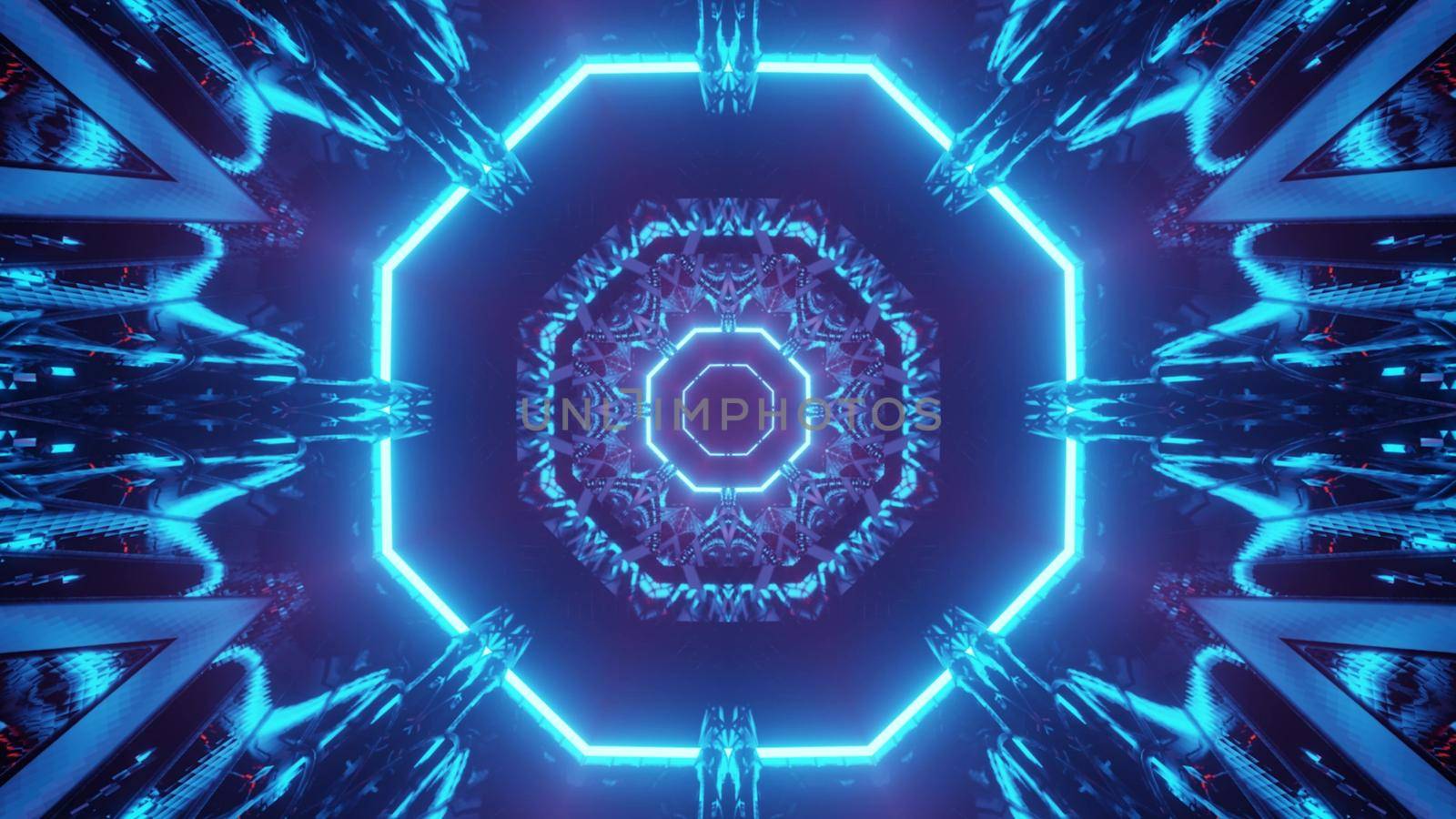 Abstract 3D illustration representing endless tunnel with creative decoration and shiny neon light