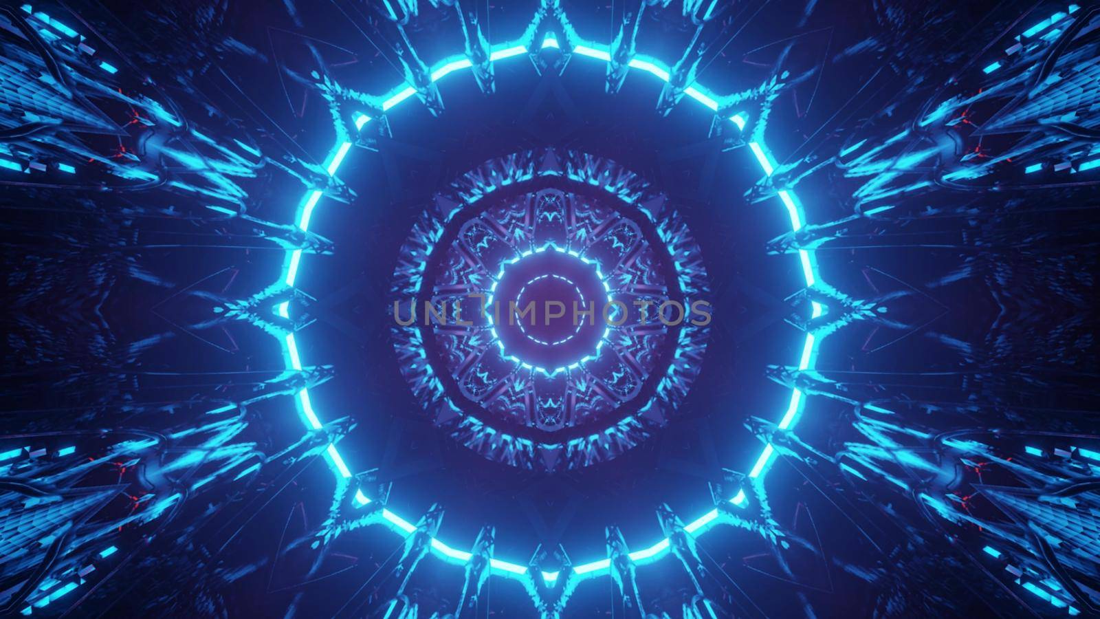Abstract 3D illustration of colorful round shaped endless passage kaleidoscope illuminated by neon lights