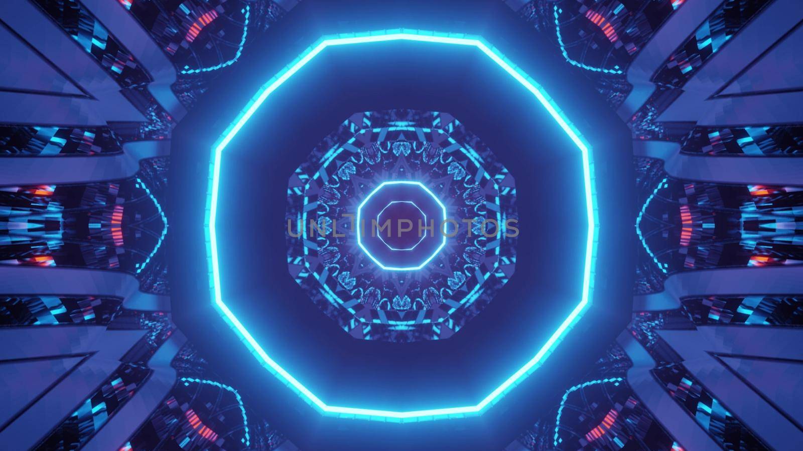 Abstract 3D illustration of octagonal shaped tunnel with glowing blue light and geometric ornament