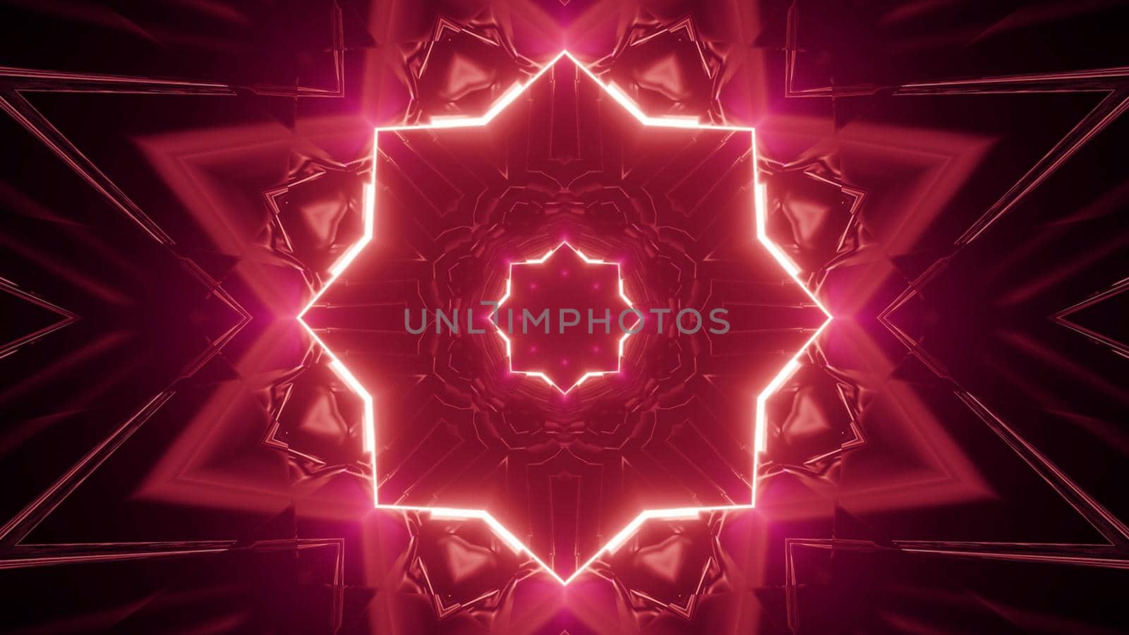 3d illustration of abstract background of flower shaped luminous corridor with ornamental shapes glowing with red neon light