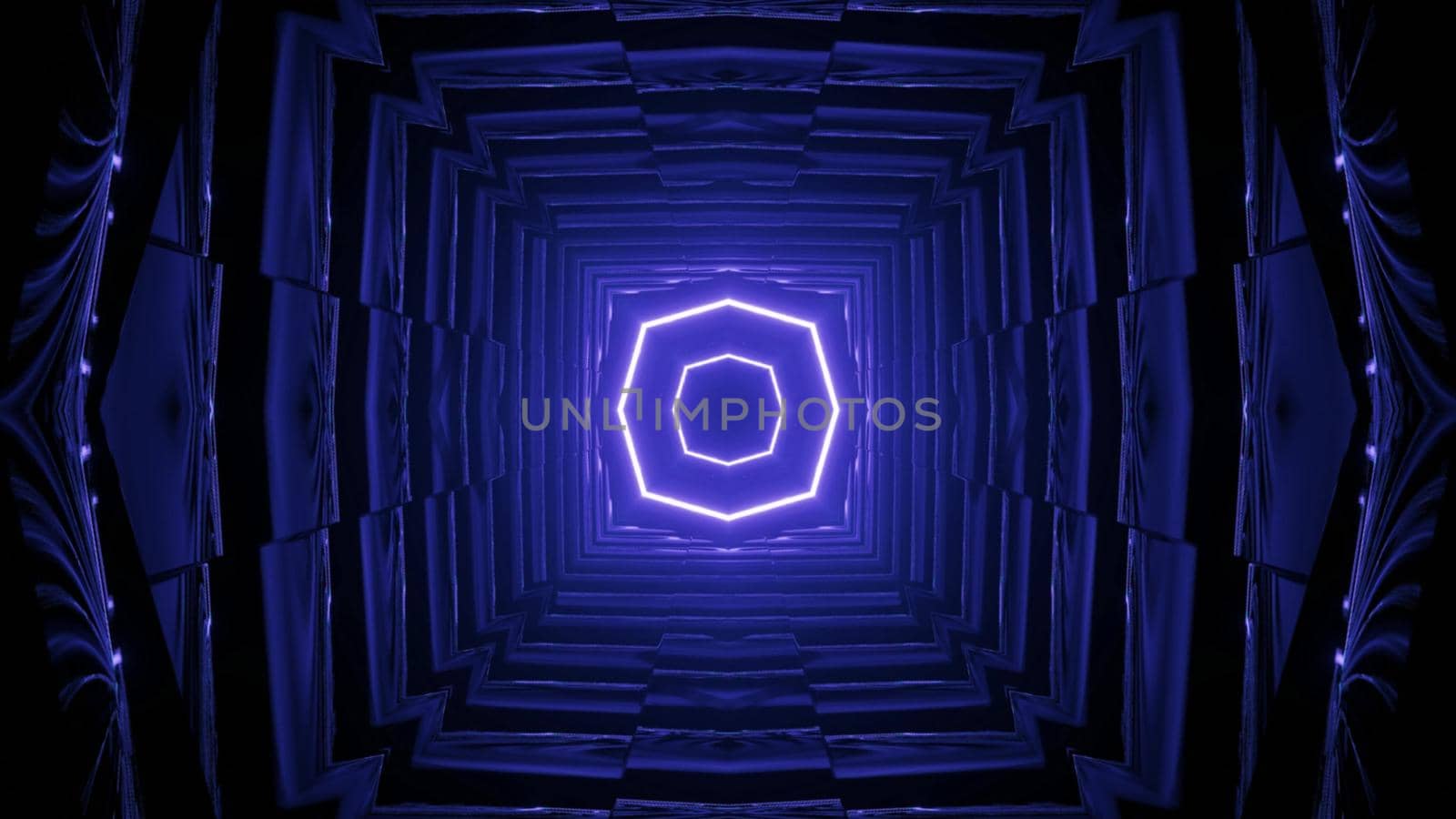 3d illustration of abstract background of endless futuristic tunnel in shape of square glowing with blue light